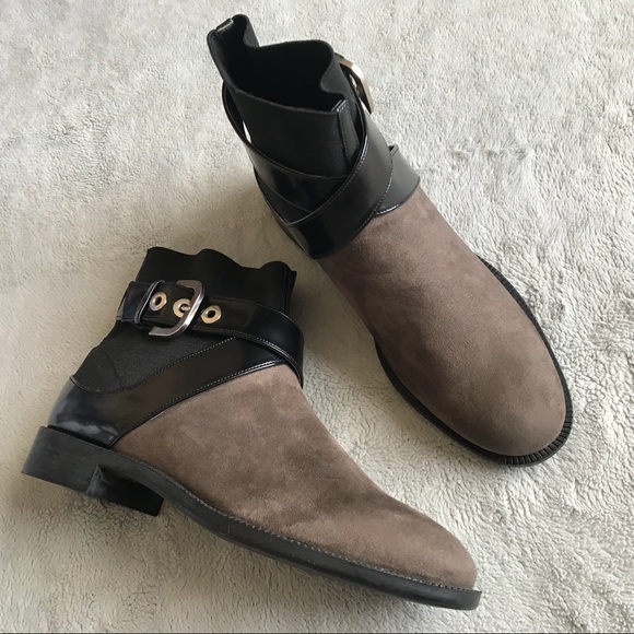 Zara Shoes - Zara Flat Ankle Boots Suede Patent Stretch Buckle